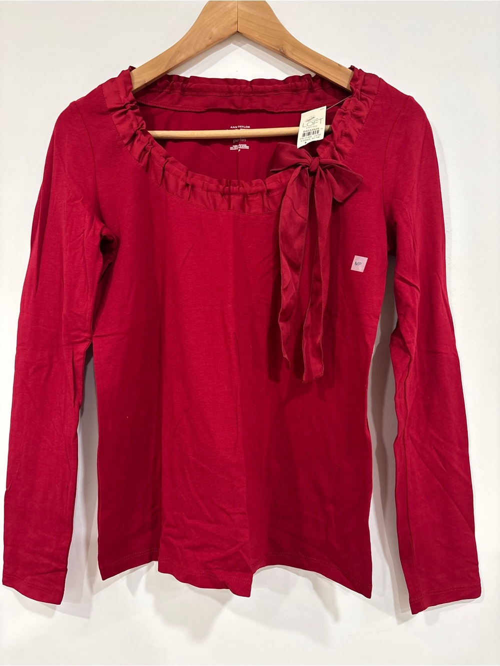LOFT Red Ruffled Neck Long Sleeve Top with Bow Detail
